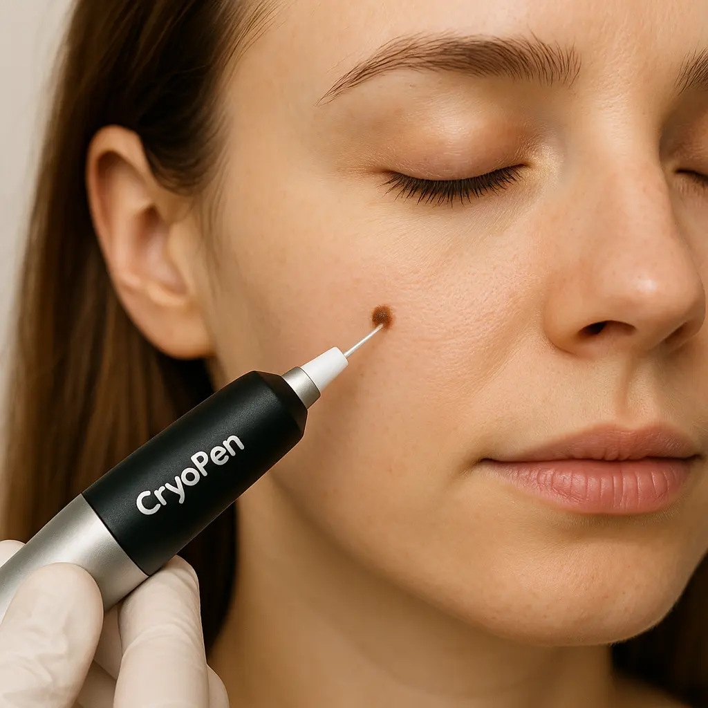 woman receiving facial mole removal Camden Town using cryopen 